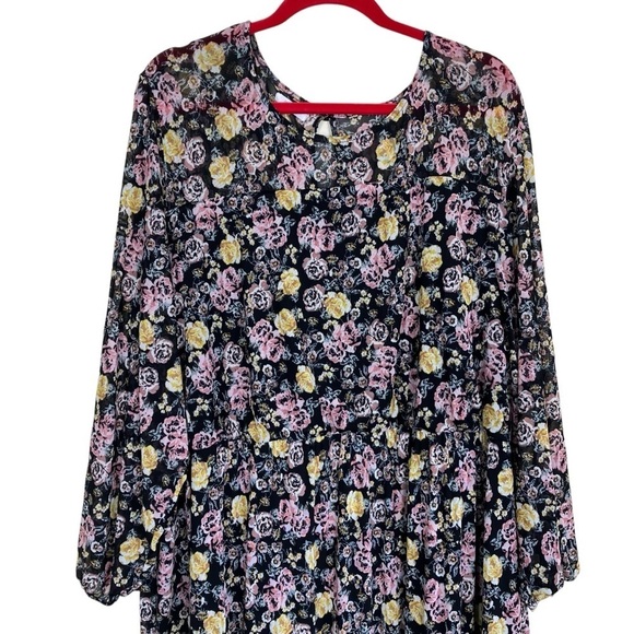 Maurices Plus Size Floral Mesh Midi Dress Tiered Black Multicolor Roses Sz 4X - Picture 4 of 16